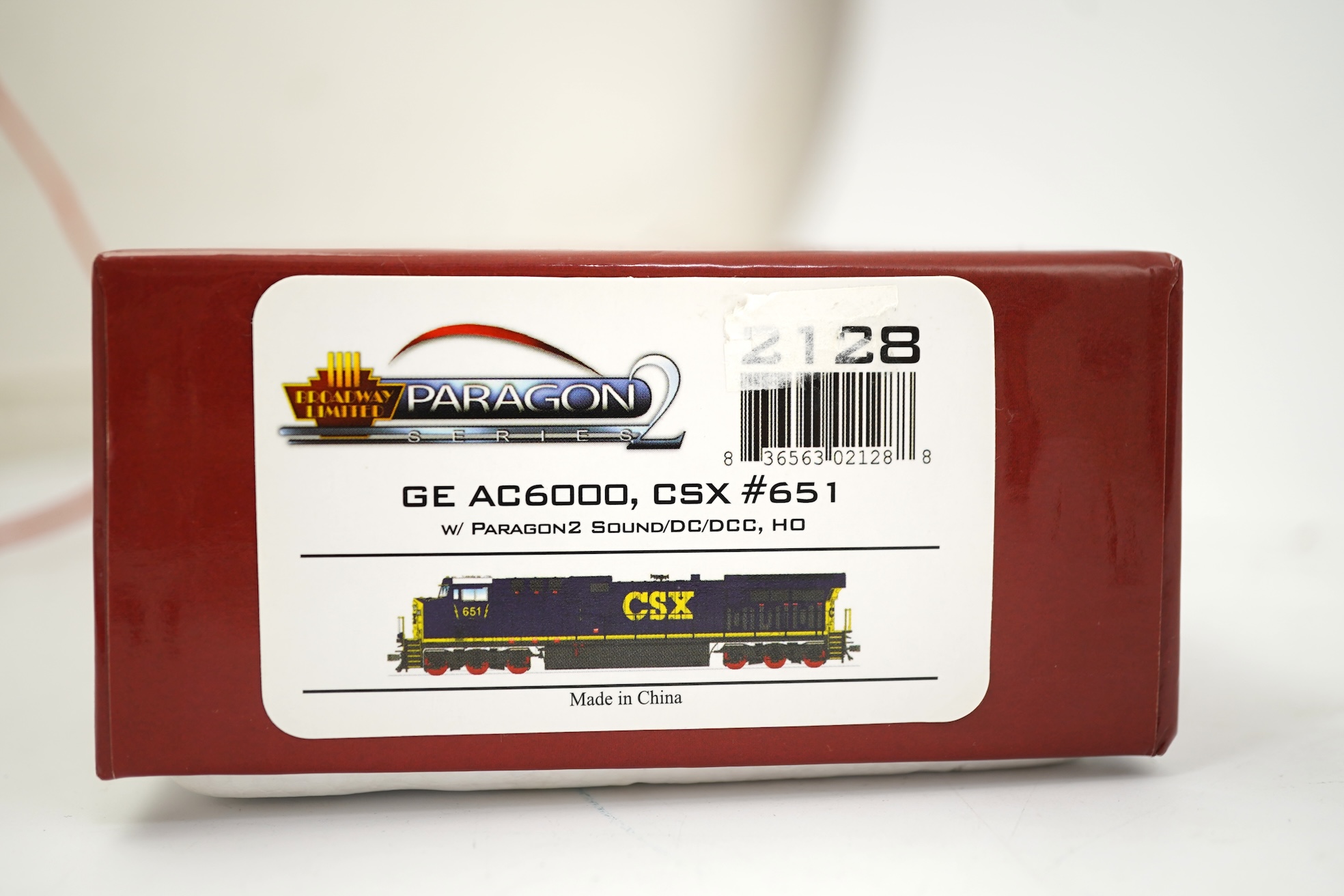 A boxed HO gauge Broadway Limited Paragon 2 Series (2128) model of CSX GE AC6000, 651, Co-Co diesel locomotive, powered for two rail operation.